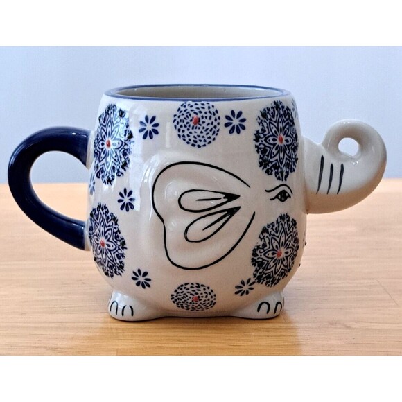 Earthbound Trading Company Elephant Figural Mug Cup Blue White Red Trunk Up - Picture 3 of 7
